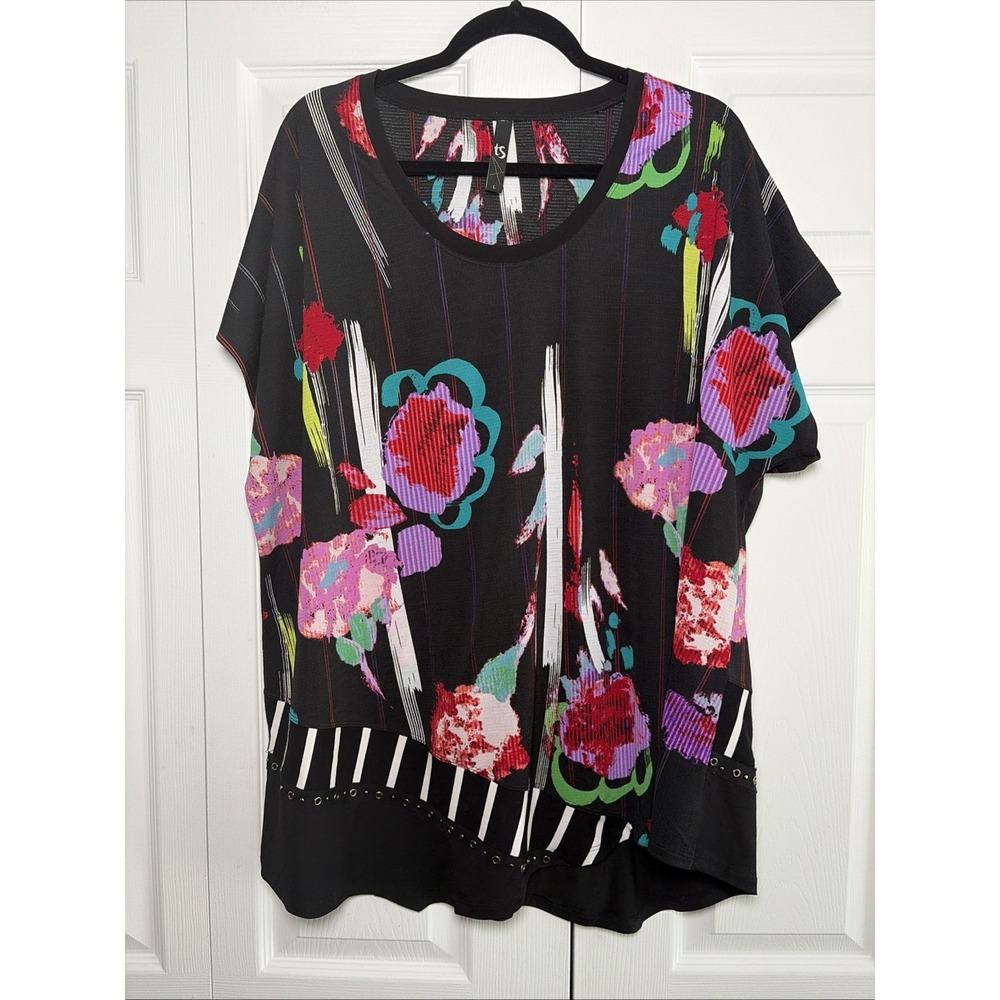 TS  Australia Abstract Floral Tunic Womens Size L Black Pink Art To Wear Top